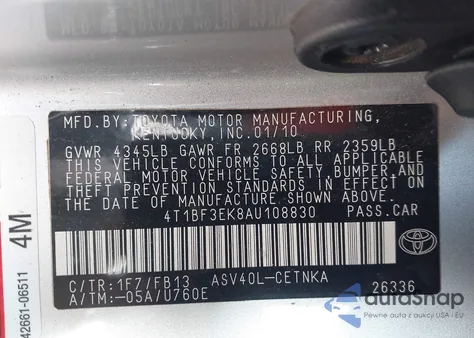 2010 Toyota Camry Le z USA, uszkodzony, nr VIN 4T1BF3EK8AU108830